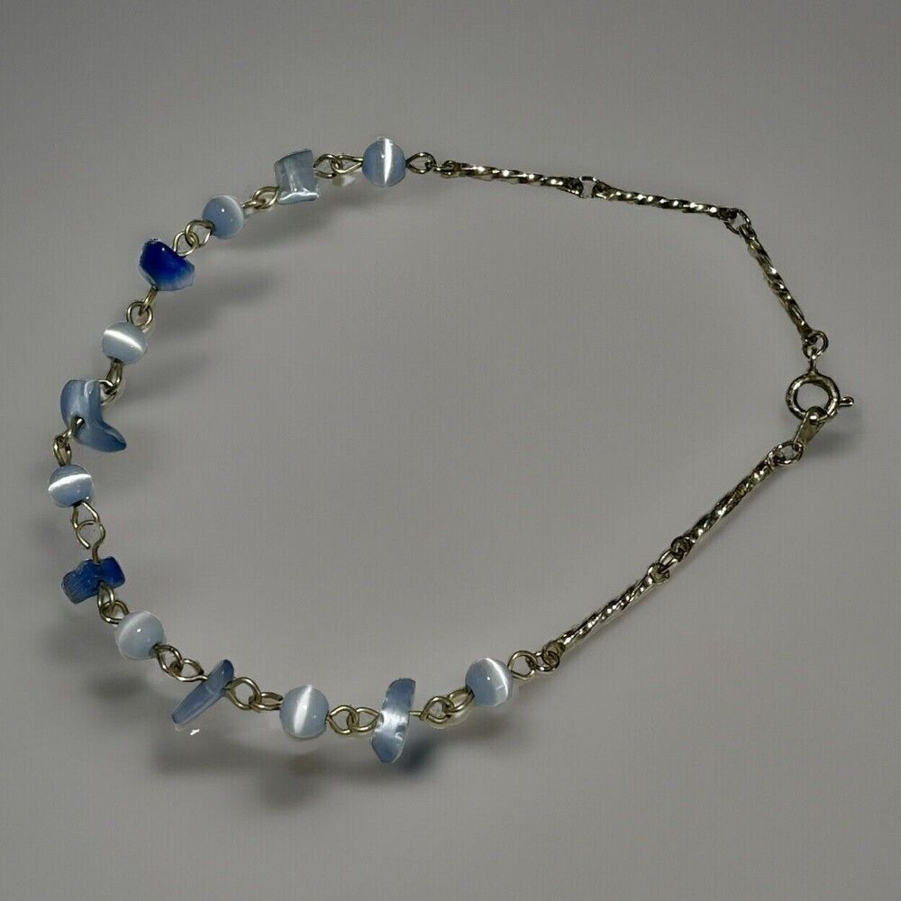 Sterling Silver Plated 6mm Blue Cats Eye Ball Bead 9in Bar Chain Bracelet VTG
